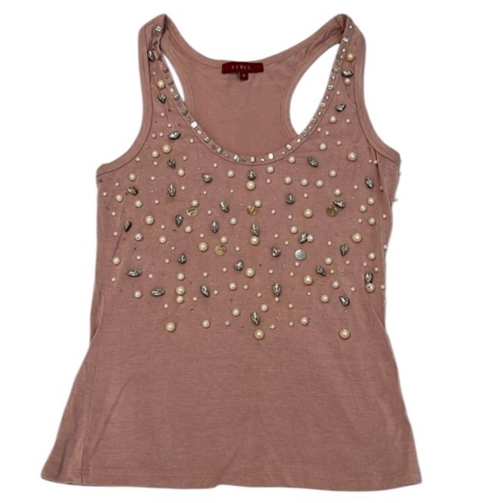 Ceres size M pink beaded rhinestone & shell embellished tank top EUC